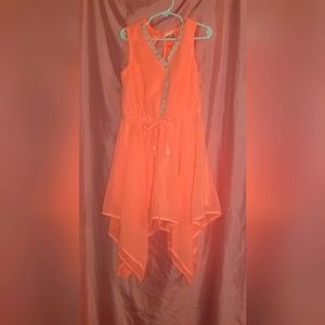 Girl's Sleeveless Summer Dress Neon Orange Geometric Multi Layer Bottom